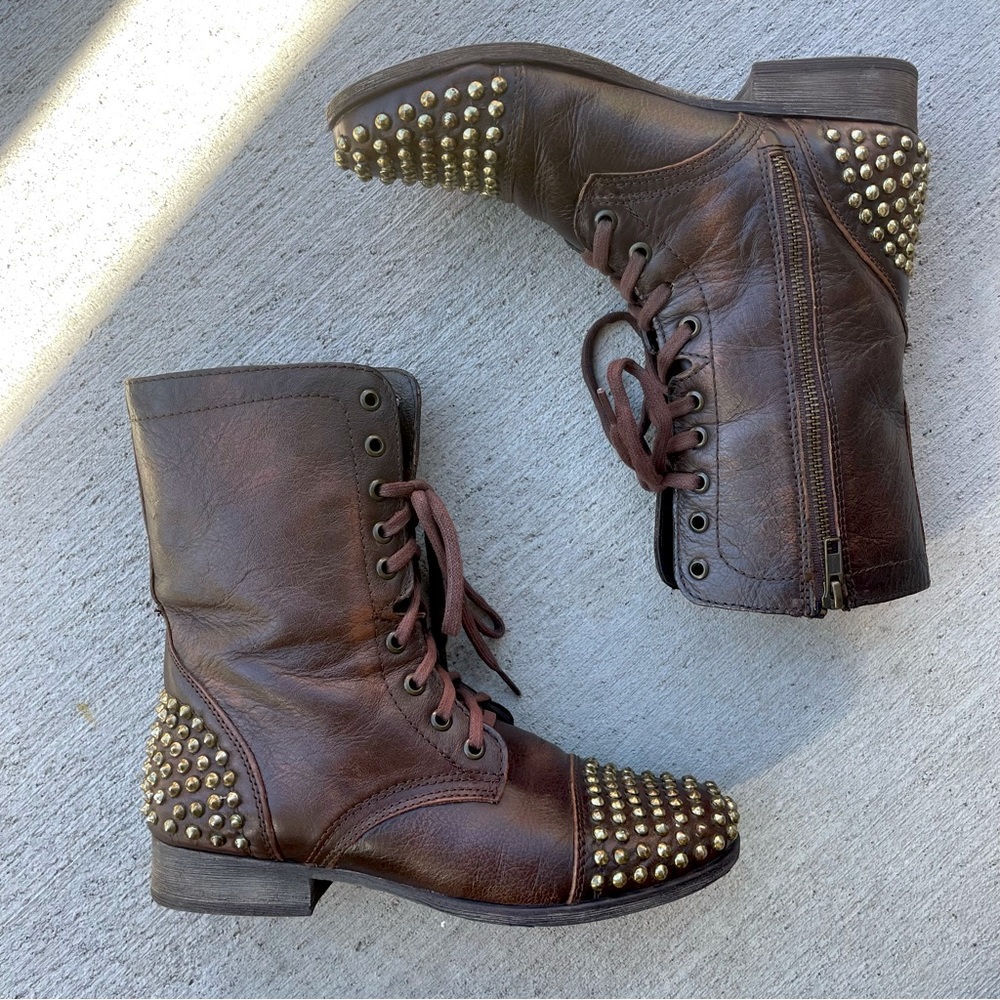 Steve Madden Distressed Brown Leather Mid-Calf Boots Gold Studs 8.5